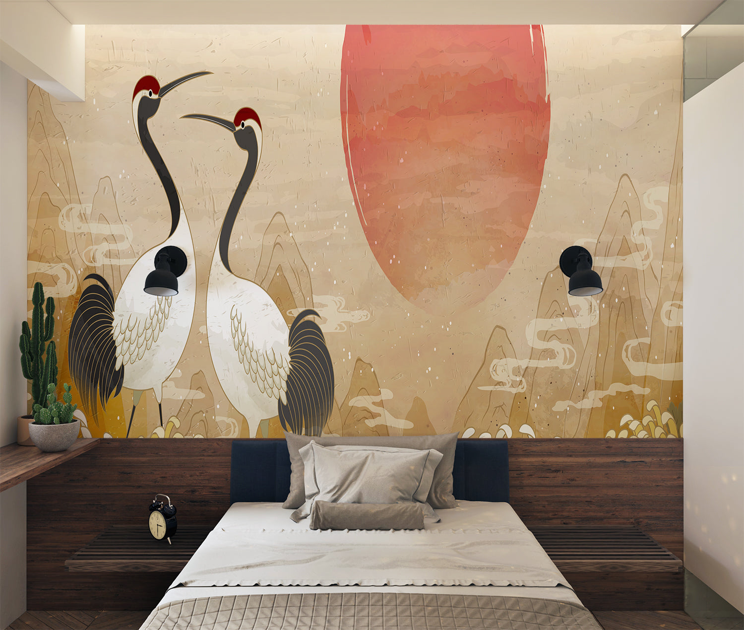 Elegant crane wallpaper bringing Asian flair to home office space