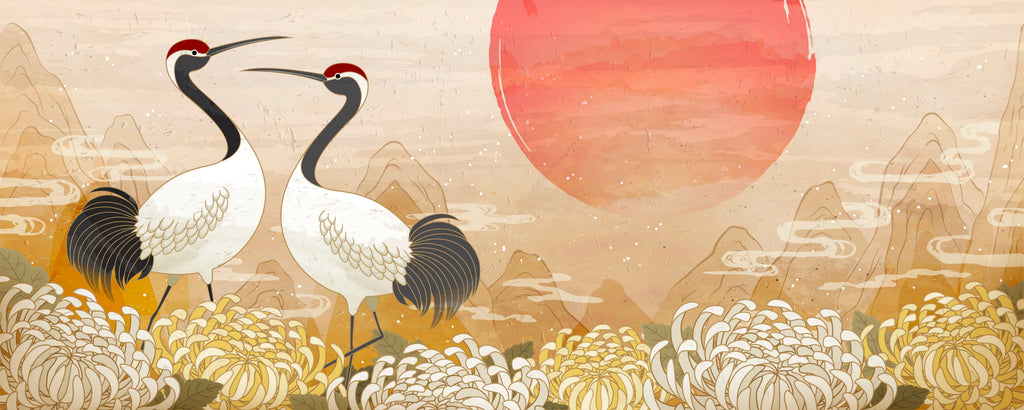 Japanese crane wallpaper design file showing detailed pattern of birds and desert landscape