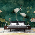 Japanese crane wallpaper displayed in a modern dining room, creating a serene Asian-inspired atmosphere