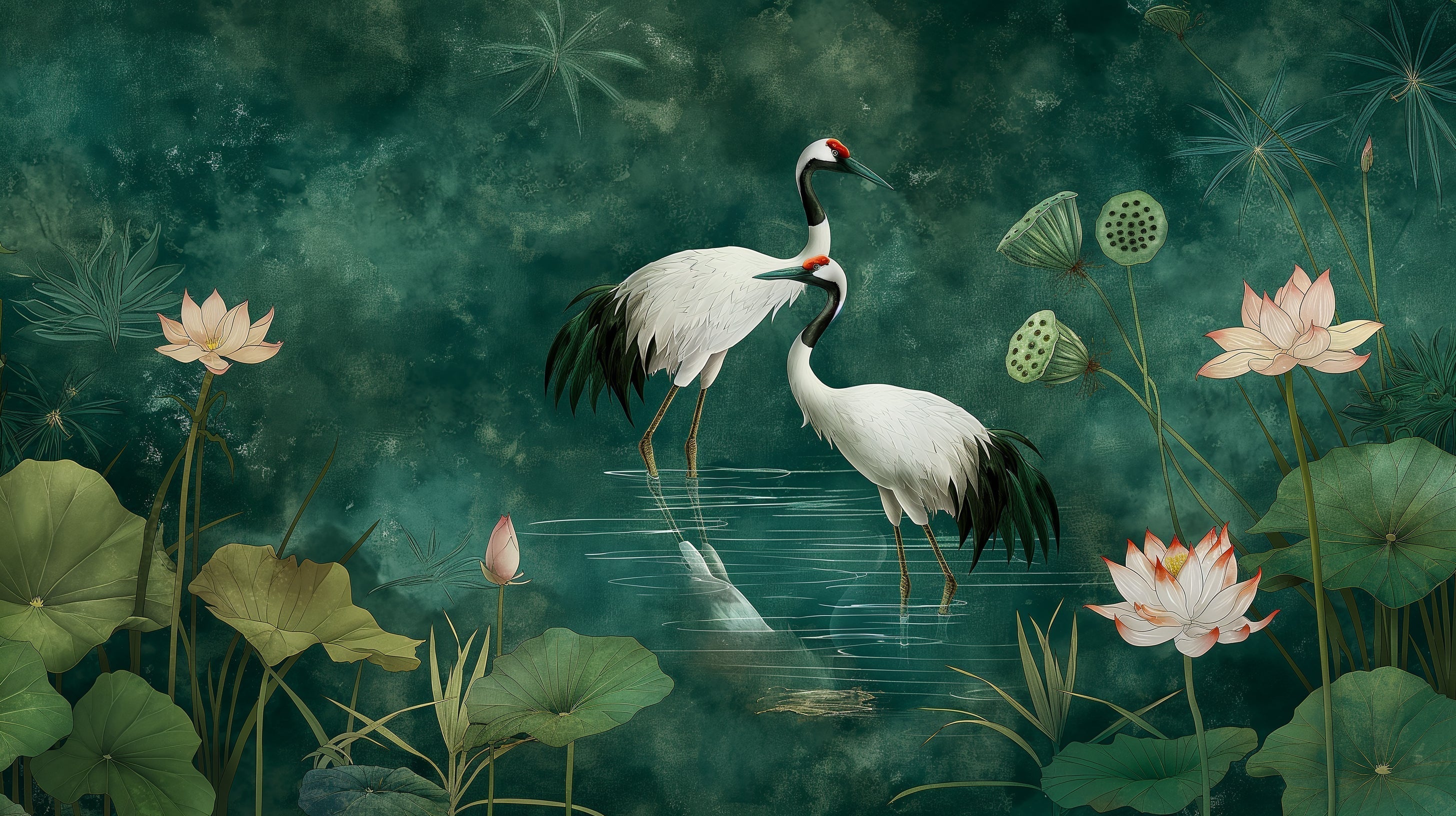 Japanese crane and lotus garden design file showing intricate details and rich emerald background
