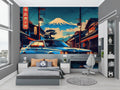 Japanese street wallpaper in modern gaming room with neon accent lighting