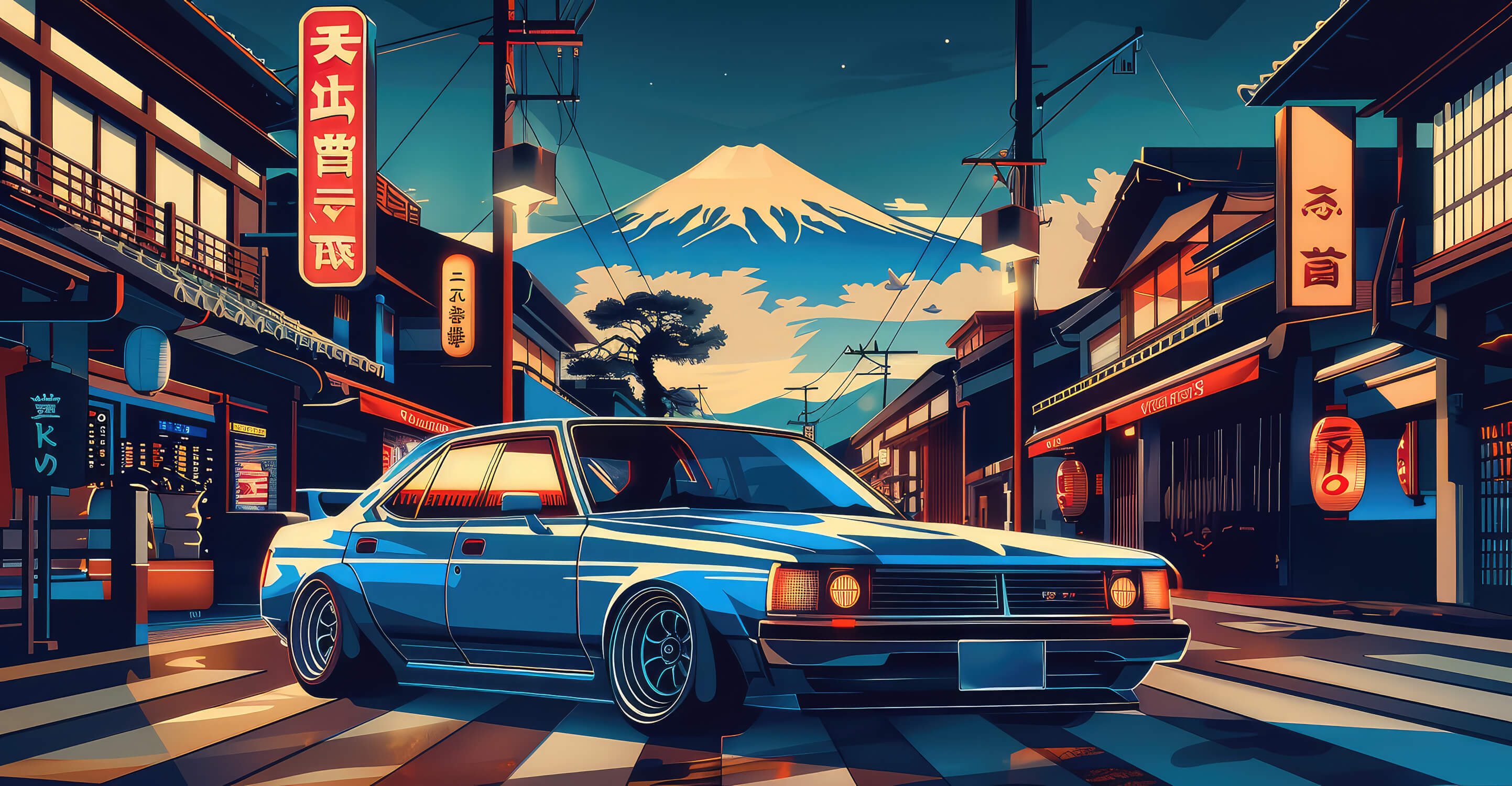 Japanese street design file with retro car and Mount Fuji pattern