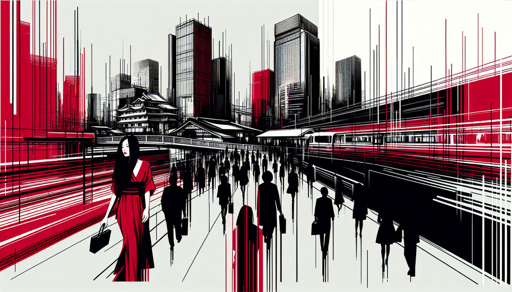 Japanese city wallpaper design file showing detailed urban pattern with red accents on black and white background