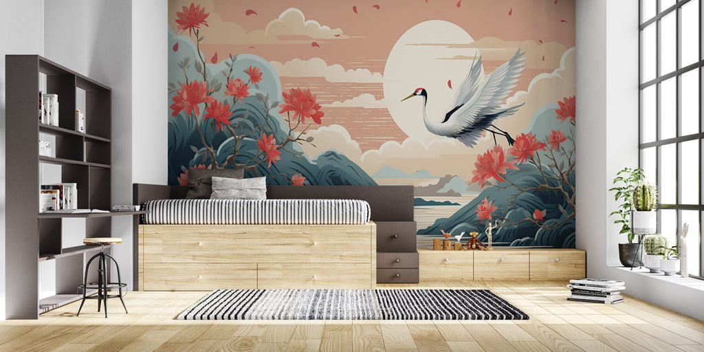 Japanese bird mural in master bedroom creating serene atmosphere