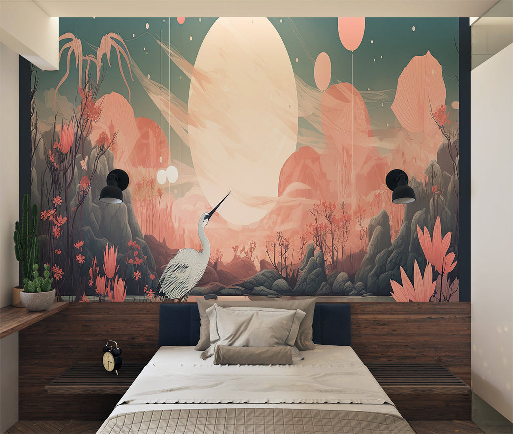 Japanese crane wallpaper in modern living room with pink sunset tones creating peaceful atmosphere