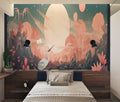 Japanese crane wallpaper in modern living room with pink sunset tones creating peaceful atmosphere