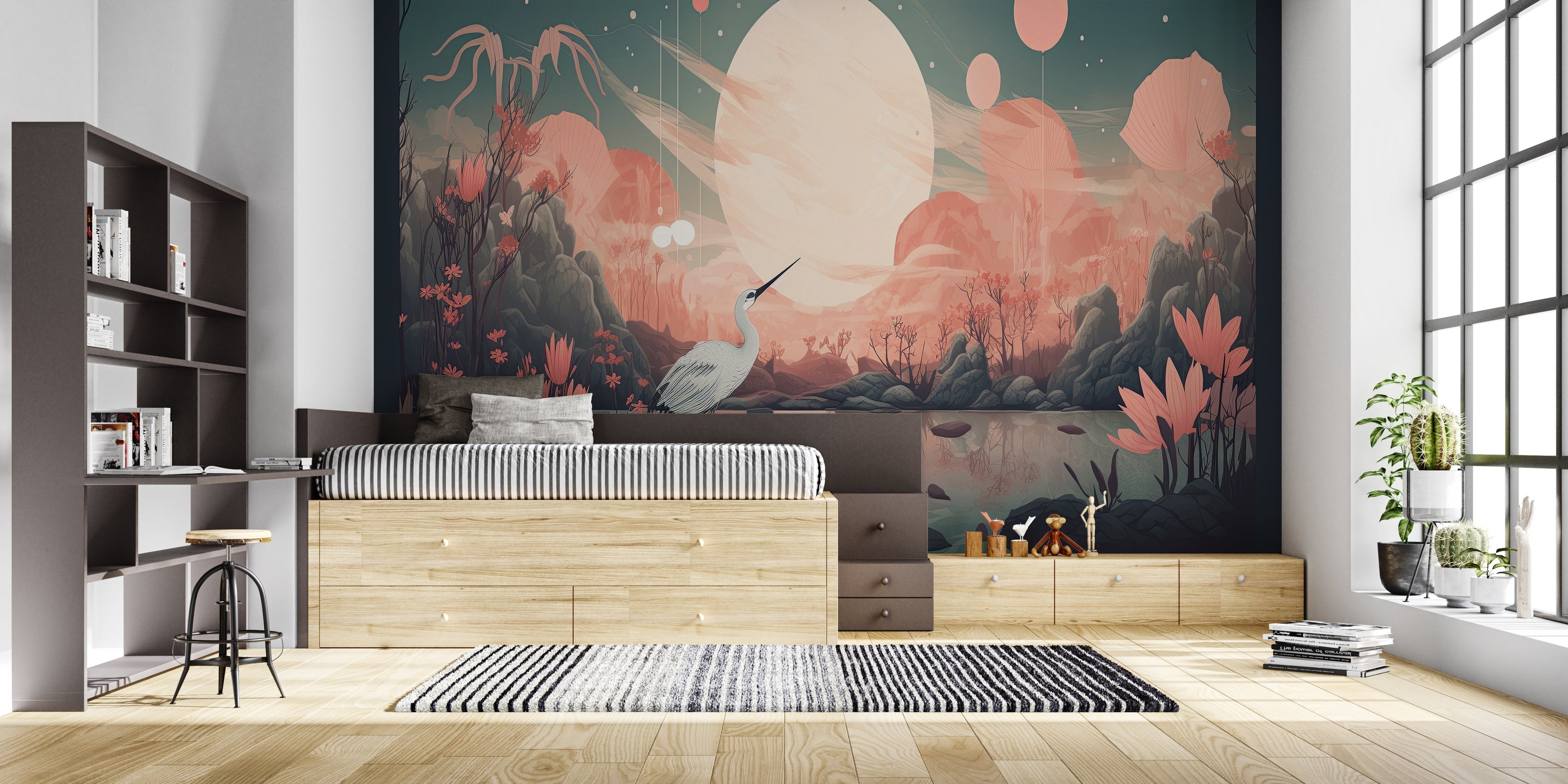 Bedroom featuring crane mural wallpaper with soft coral lighting effect