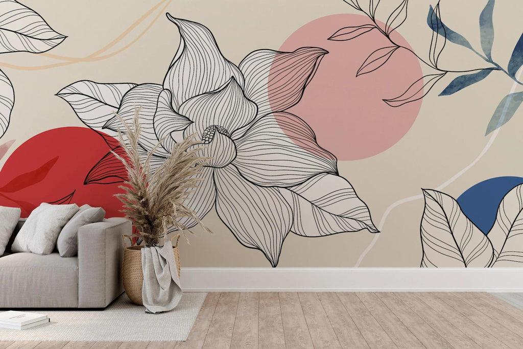 Line art lotus wallpaper creating serene atmosphere in minimalist bedroom with natural light