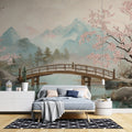 Japanese garden wallpaper with cherry blossoms creating a peaceful atmosphere in a modern living room setting