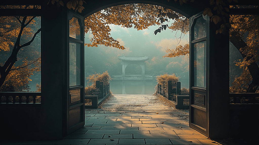 Japanese garden wallpaper design file showing misty autumn pavilion with arched doorway and warm foliage