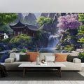 Japanese garden wallpaper with waterfall and cherry blossoms creating a peaceful atmosphere in a modern living room