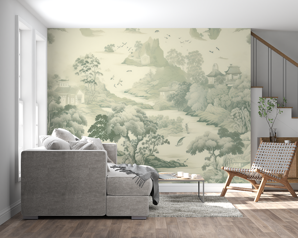 Japanese garden mural wallpaper in a modern living room, creating a peaceful green backdrop