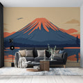 Japanese Mount Fuji wallpaper mural in modern minimalist living room with grey sofa and bamboo accents