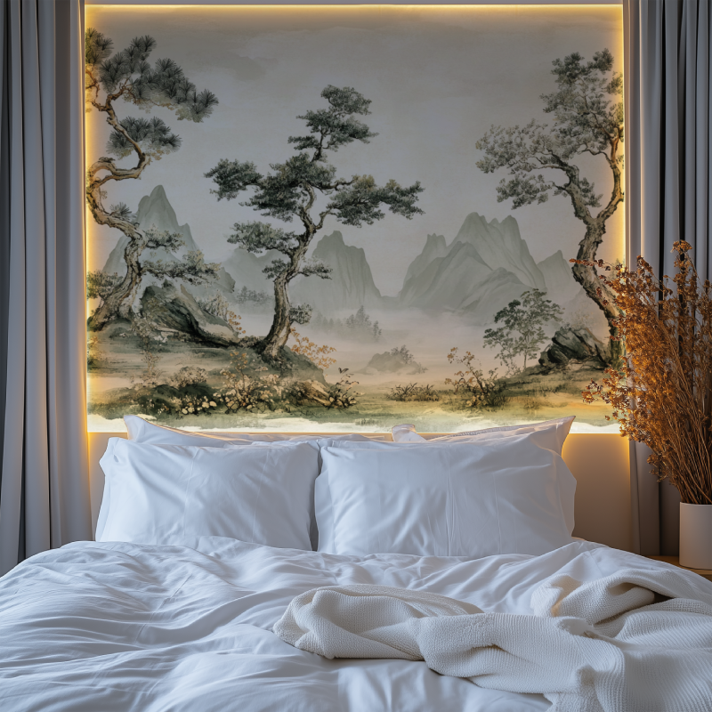 Japanese mountain wallpaper creating a zen atmosphere in a modern living room with minimalist furniture