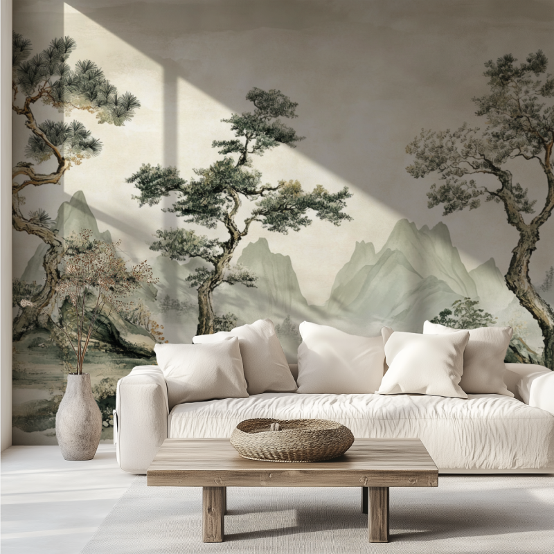 Pine tree mural wallpaper bringing calm to a master bedroom with soft lighting