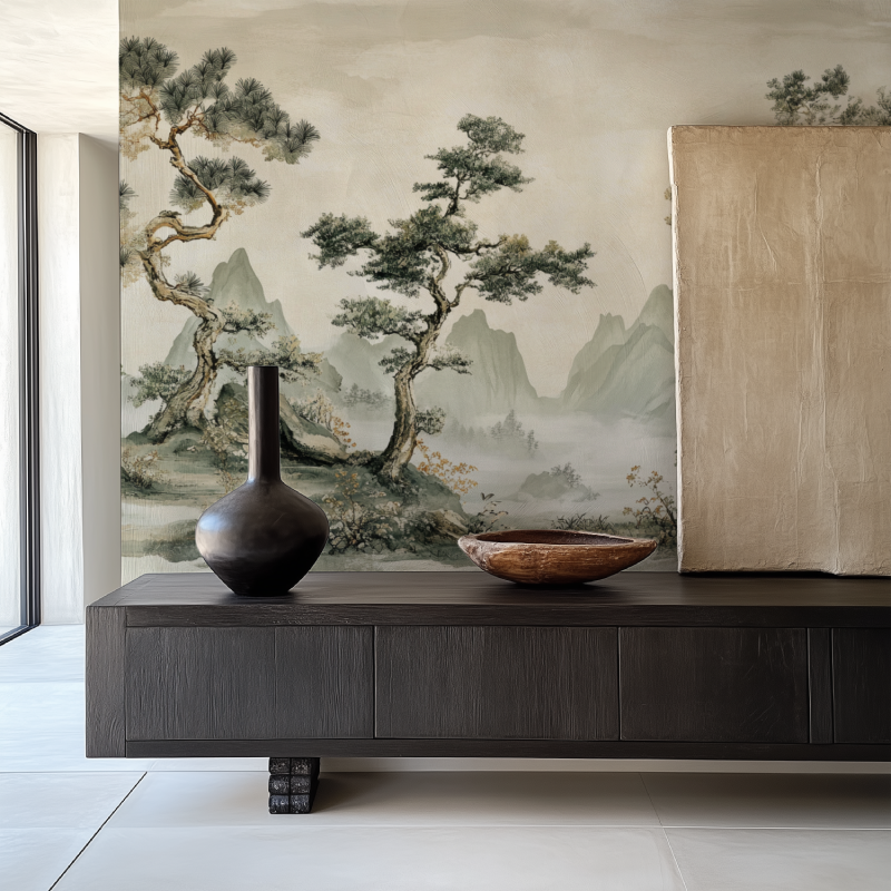 Mountain landscape wallpaper making a statement in a meditation room