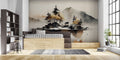 Japanese mountain mural creating a zen atmosphere in a modern living room with minimalist furniture