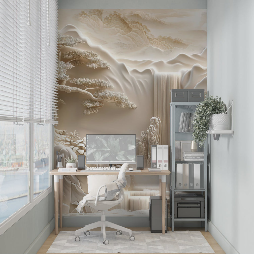 Japanese landscape mural in meditation room showing scale and atmosphere