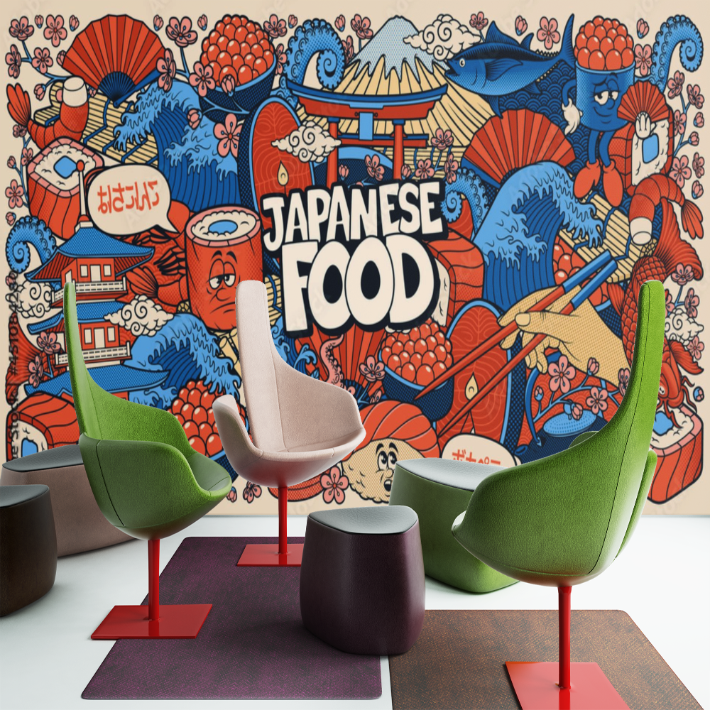 Japanese anime food wallpaper styled in modern restaurant interior with blue and red tones creating energetic dining atmosphere