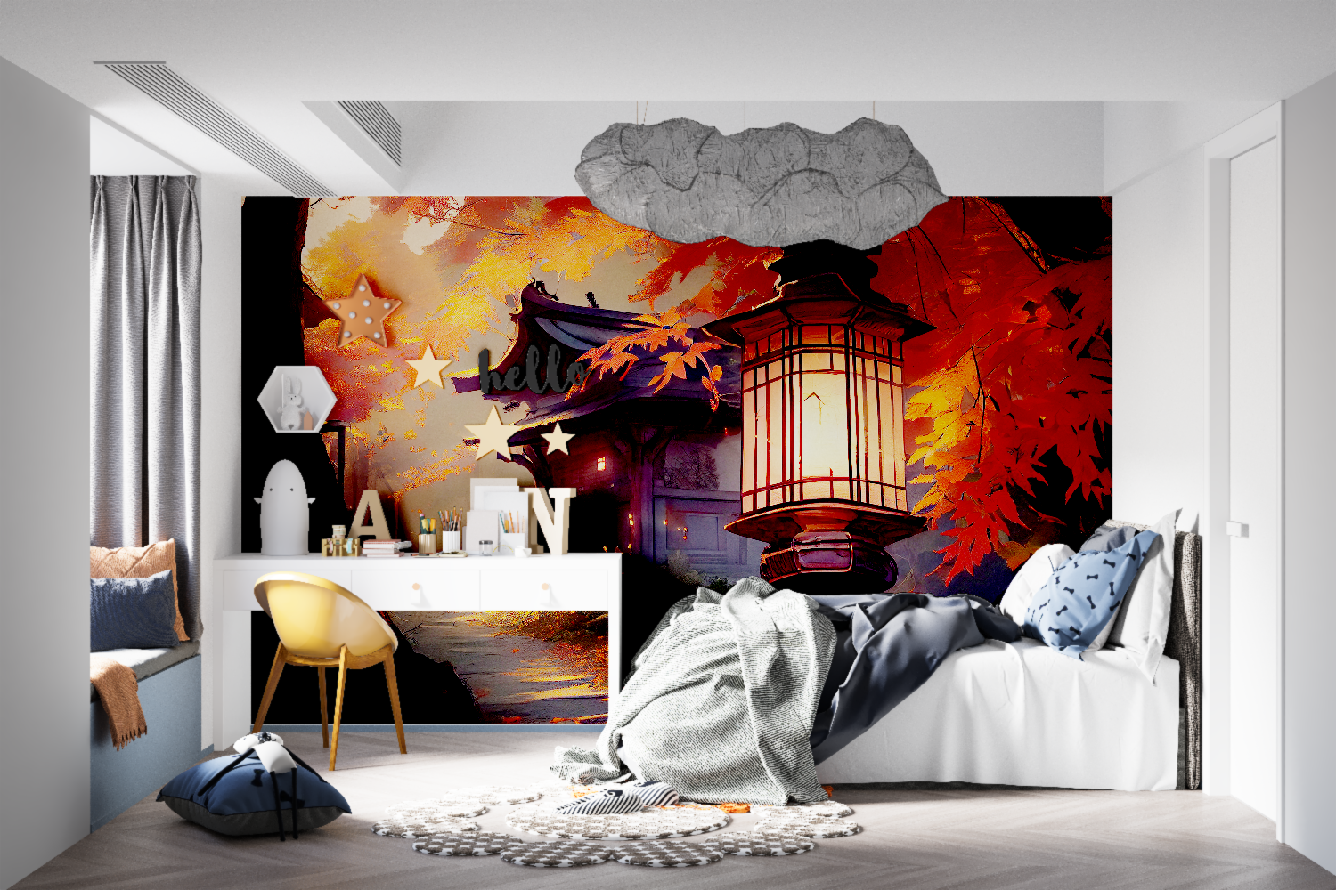 Japanese autumn wallpaper transforming dining room with temple scene