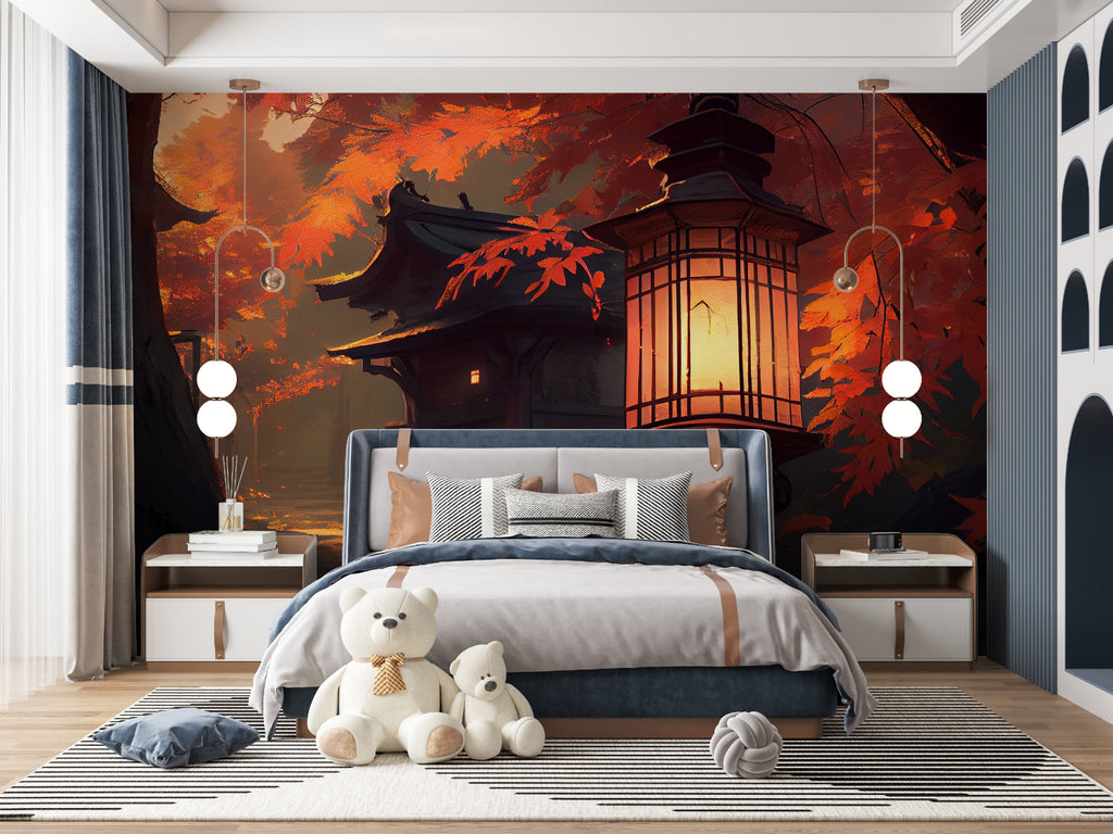 Japanese lantern wallpaper bringing warmth to home office space