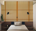 Japanese bamboo grid wallpaper in a modern living room showing geometric pattern and warm honey tones