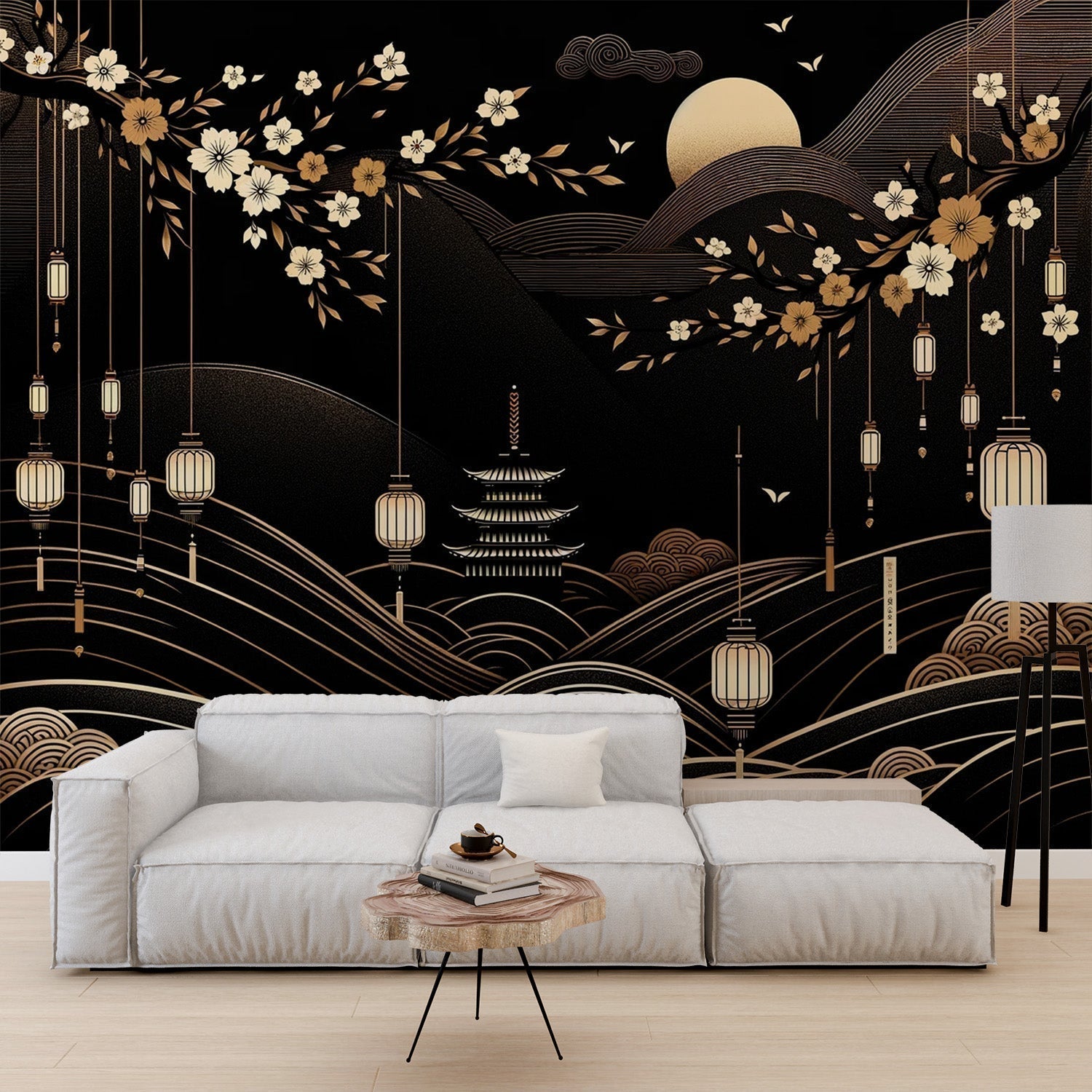 Japanese temple wallpaper with cherry blossoms creates a stunning accent wall in a modern living room with minimal furniture