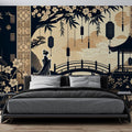 Japanese garden wallpaper in modern living room showing black and gold zen design with cherry blossoms and bridge