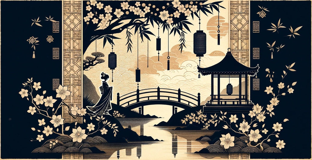 Design file of Japanese garden pattern with black and gold elements featuring zen landscape
