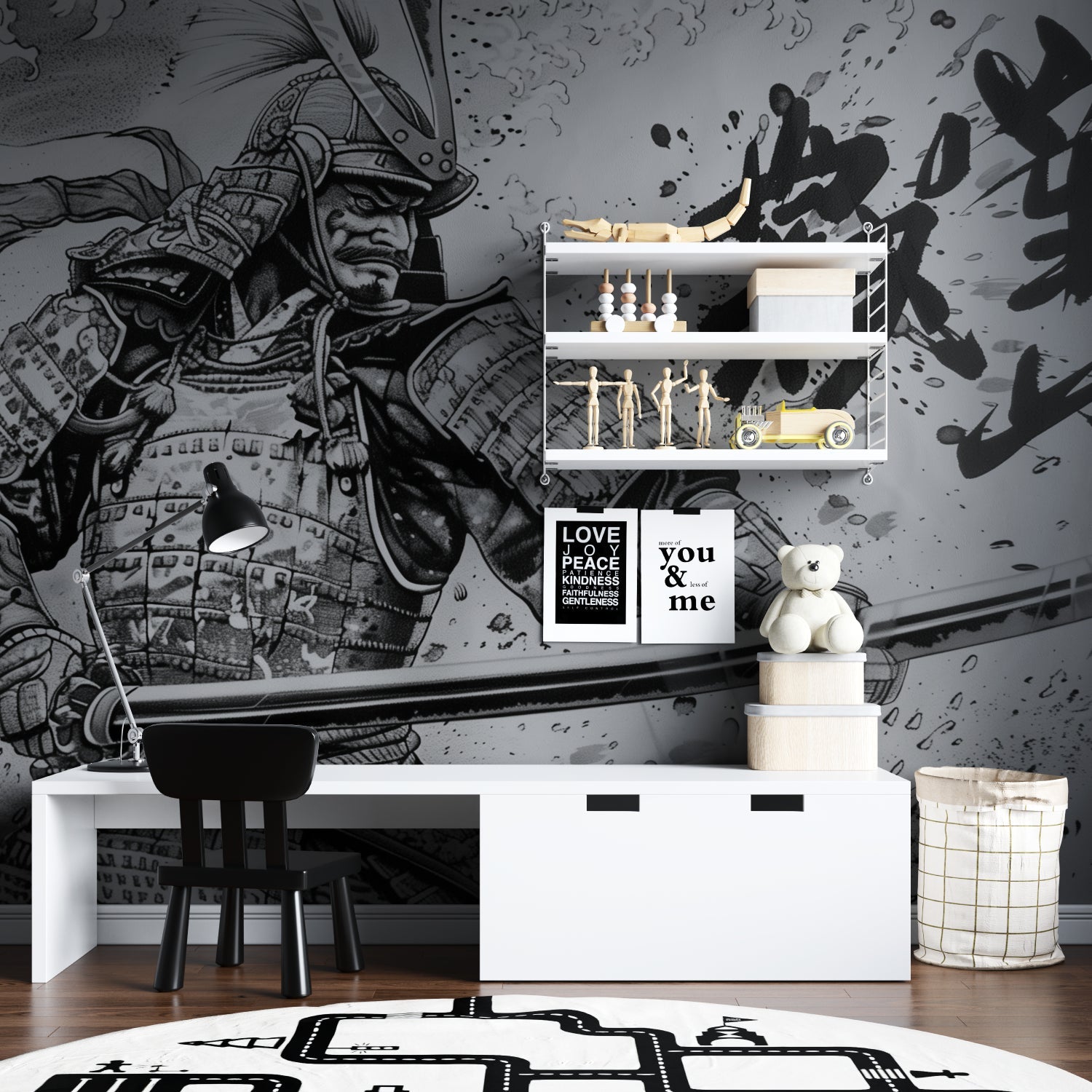 Black and white Japanese mural in meditation room showing scale and impact
