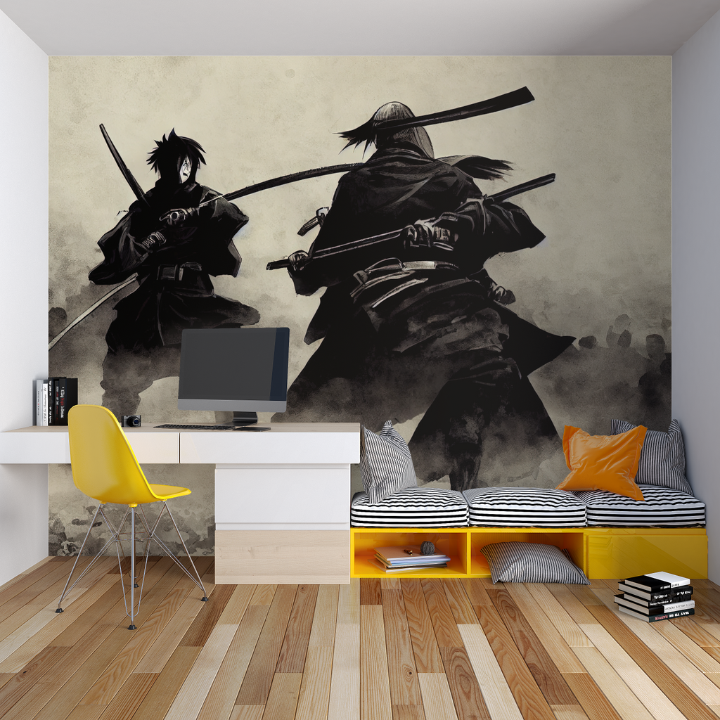 Japanese Samurai Battle Wallpaper creating dramatic impact in modern living room with minimalist furniture