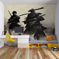 Japanese Samurai Battle Wallpaper creating dramatic impact in modern living room with minimalist furniture