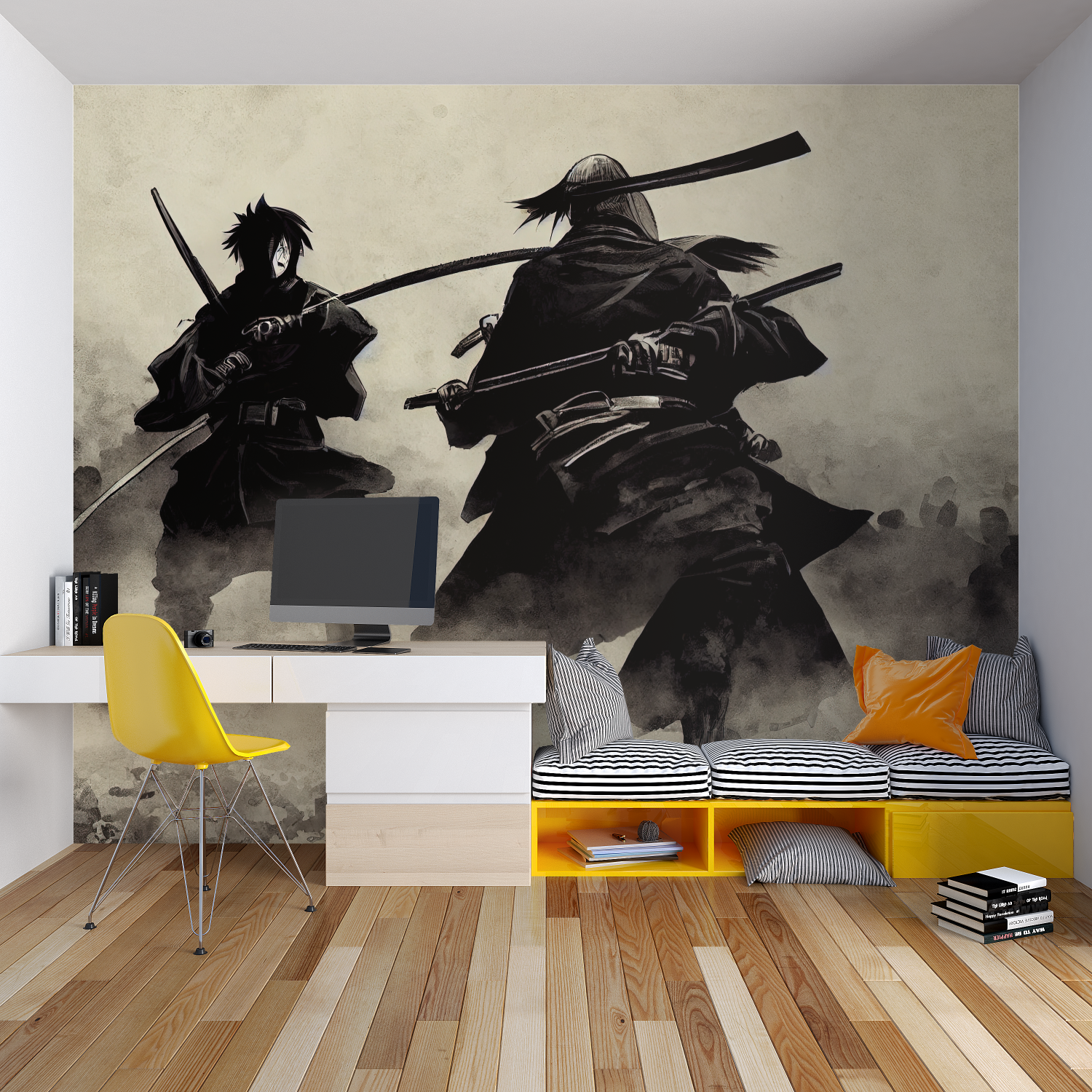 Japanese Samurai Battle Wallpaper creating dramatic impact in modern living room with minimalist furniture