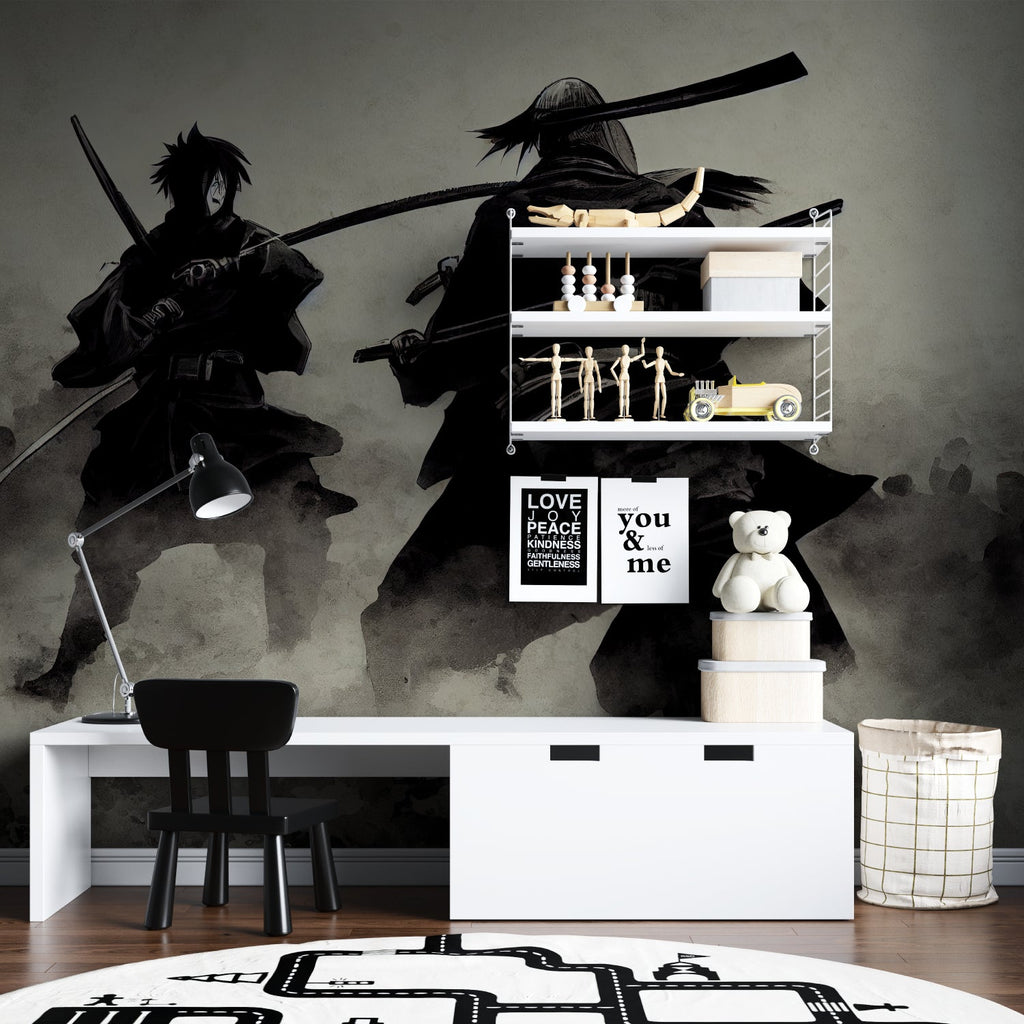 Japanese Warrior Wallpaper making statement wall in home office setup