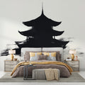 Japanese pagoda ink art wallpaper creating a striking focal point in a modern minimalist living room with clean lines