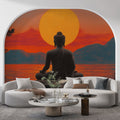 Buddha wallpaper mural creating serene atmosphere in modern minimalist living room with natural light
