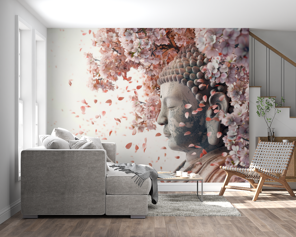 Japanese Buddha wallpaper transforming living room into peaceful sanctuary