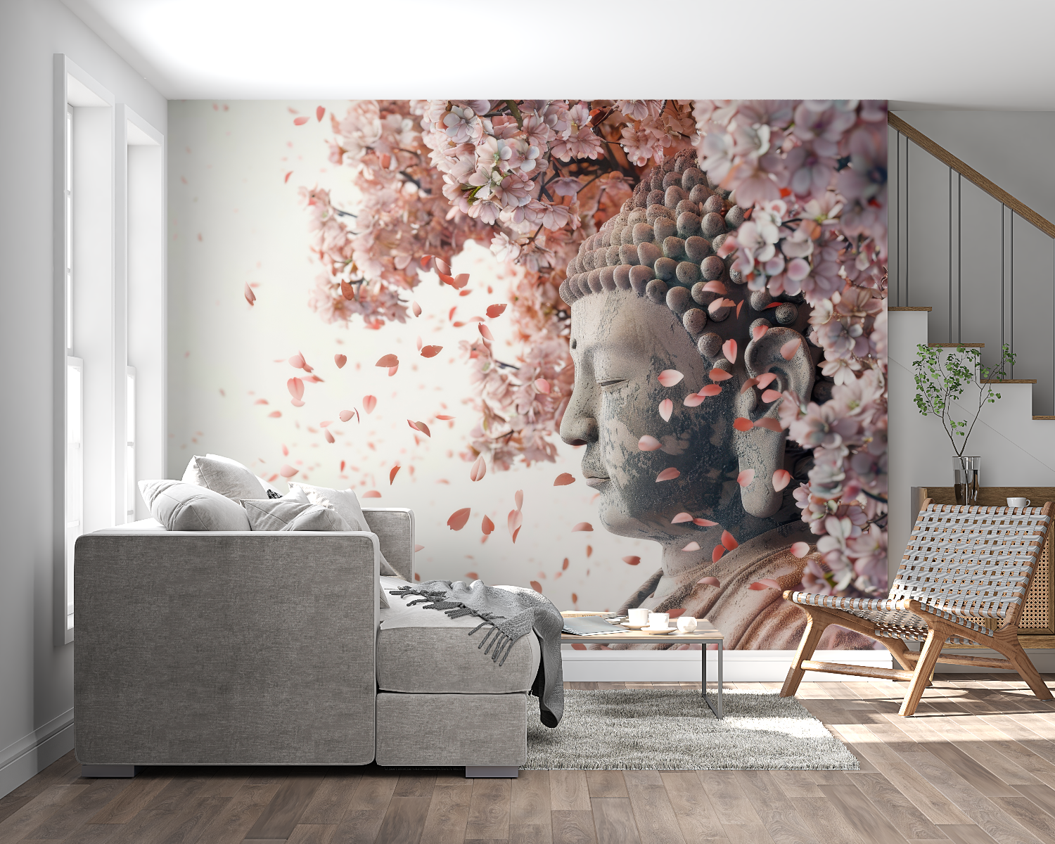 Japanese Buddha wallpaper transforming living room into peaceful sanctuary