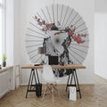 Japanese cherry blossom circle wallpaper creating a stunning focal point in a modern minimalist living room