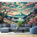 Japanese Mount Fuji wallpaper with cherry blossoms creating a peaceful atmosphere in a modern living room