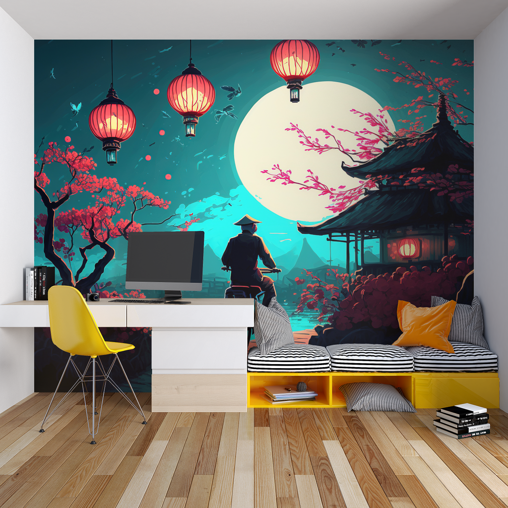 Japanese lantern wallpaper transforming dining room with night garden theme