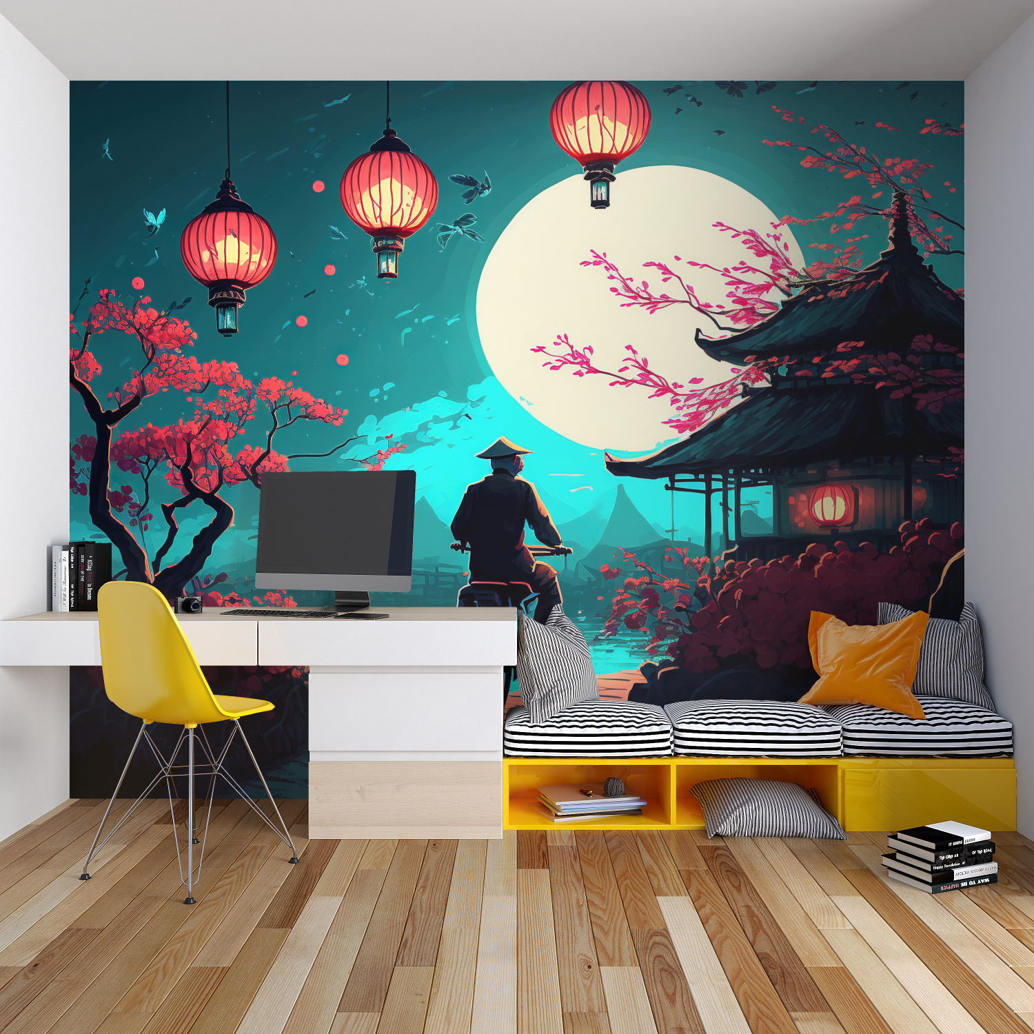 Japanese lantern wallpaper transforming dining room with night garden theme