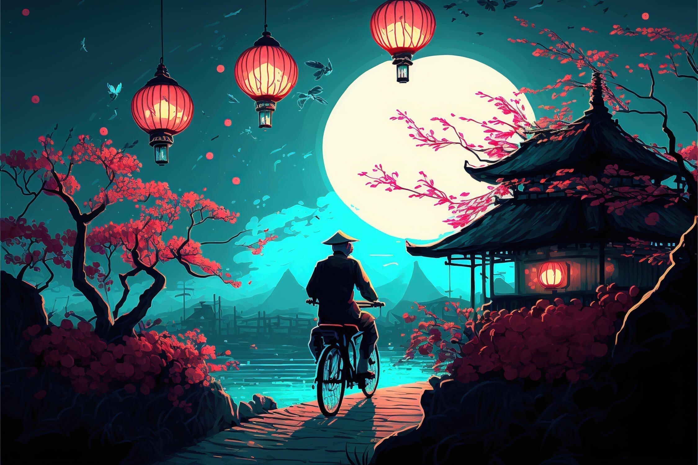 Japanese garden design file showing detailed cherry blossoms and lanterns against night sky