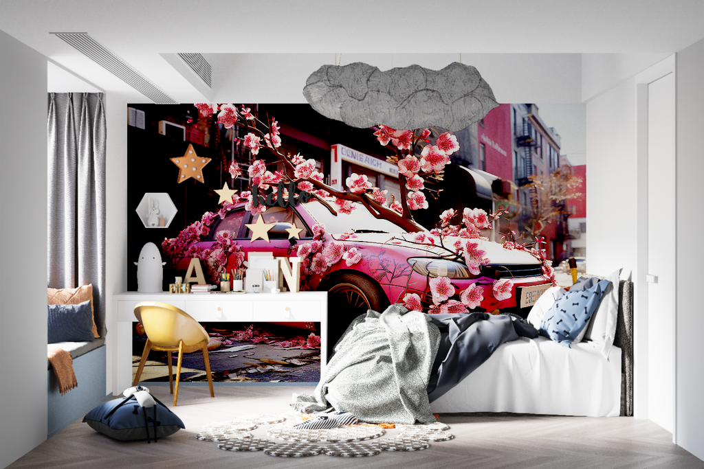 Sports car wall mural creating focal point in modern apartment