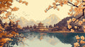 Japanese temple wallpaper with cherry blossoms shown in a modern living room, creating a serene meditation space