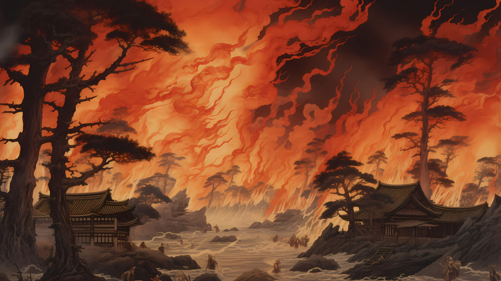 Design file showing detailed Japanese temple silhouette against orange sunset sky pattern