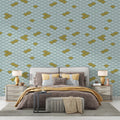 Japanese wave wallpaper in modern white dining room with gold accents creating an elegant atmosphere