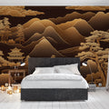 Japanese temple wallpaper with gold details shown in a modern dining room, creating an elegant Asian-inspired atmosphere