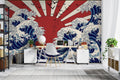 Japanese wave wallpaper creating drama in modern living room with minimal furniture and natural light