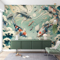 Japanese Koi Fish Wallpaper creating a peaceful atmosphere in a modern minimalist living room with natural light
